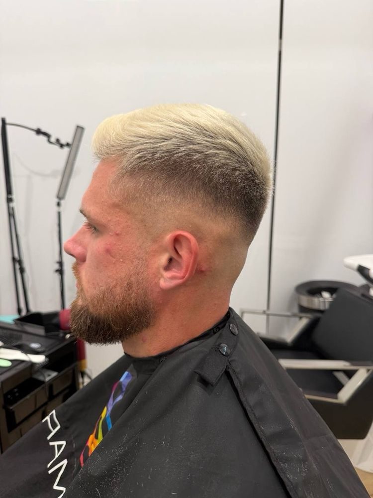 Skin fade with beard trim and bleach